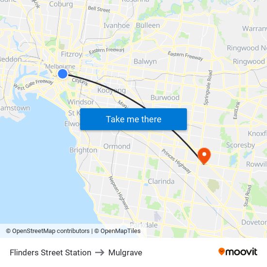 Flinders Street Station to Mulgrave map