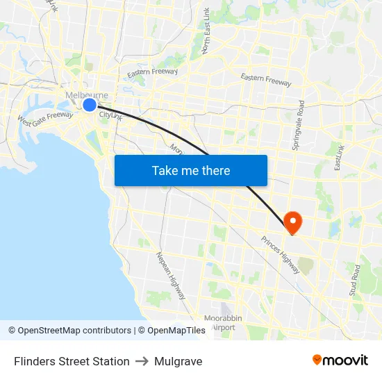 Flinders Street Station to Mulgrave map