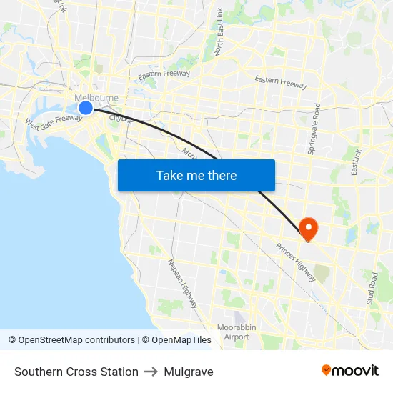Southern Cross Station to Mulgrave map