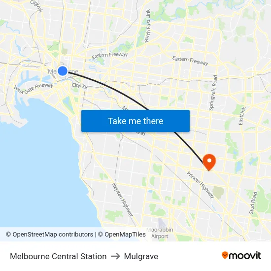 Melbourne Central Station to Mulgrave map