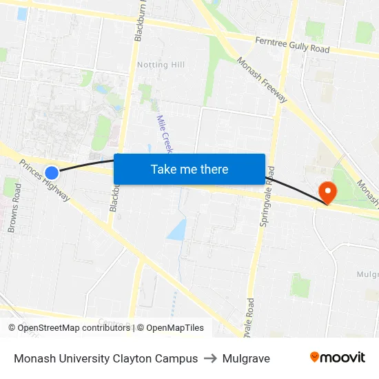 Monash University Clayton Campus to Mulgrave map