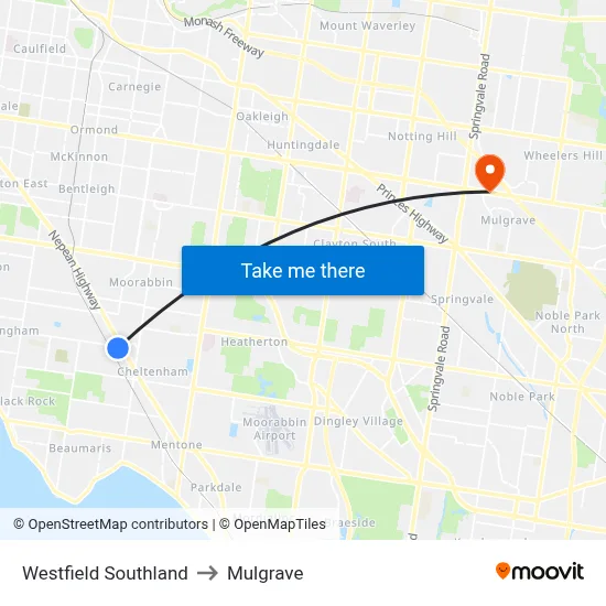 Westfield Southland to Mulgrave map