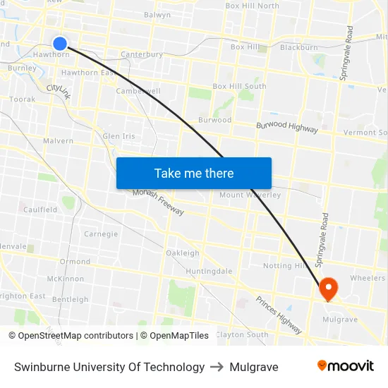 Swinburne University Of Technology to Mulgrave map
