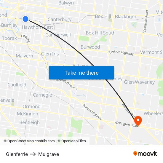 Glenferrie to Mulgrave map