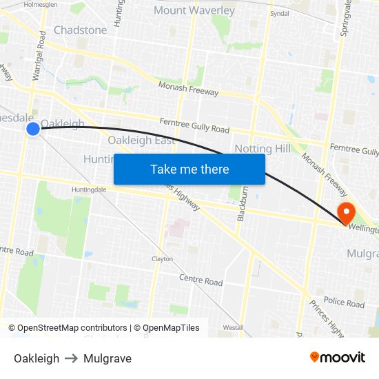 Oakleigh to Mulgrave map