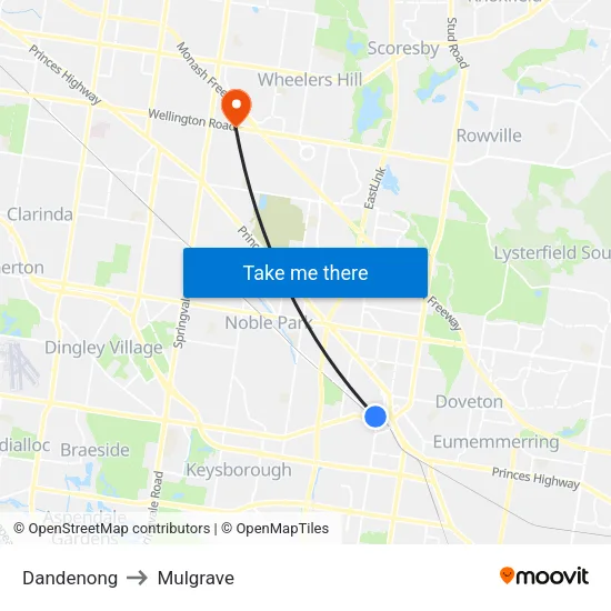 Dandenong to Mulgrave map