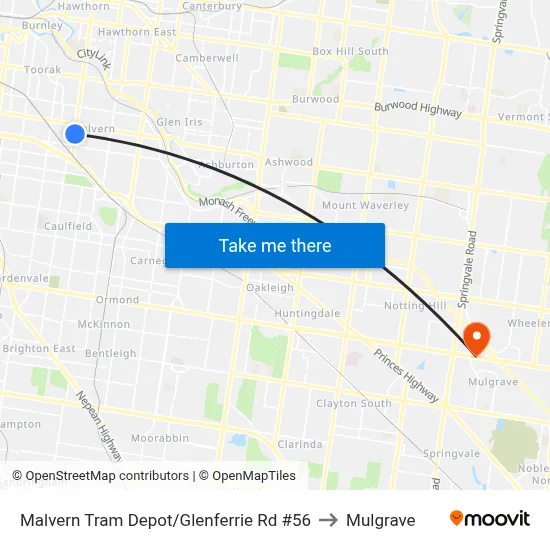 Malvern Tram Depot/Glenferrie Rd #56 to Mulgrave map
