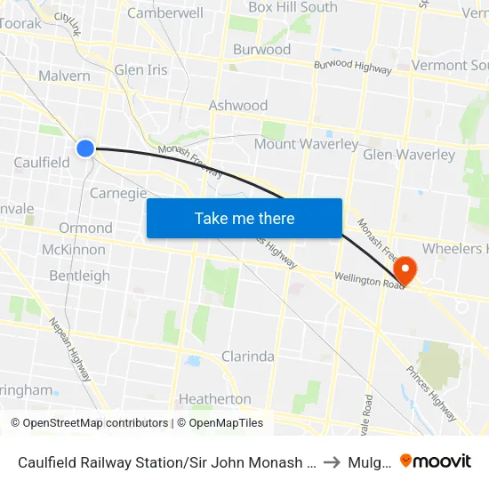 Caulfield Railway Station/Sir John Monash Dr to Mulgrave map