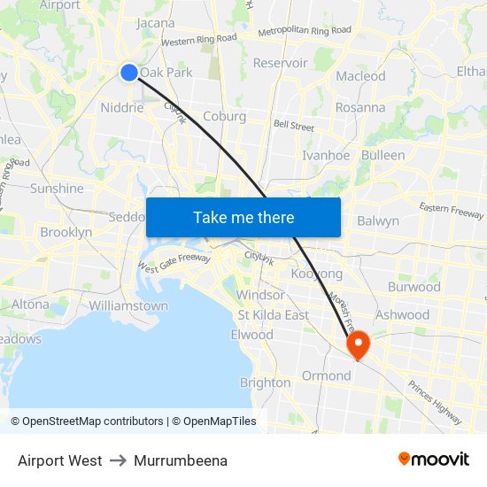 Airport West to Murrumbeena map