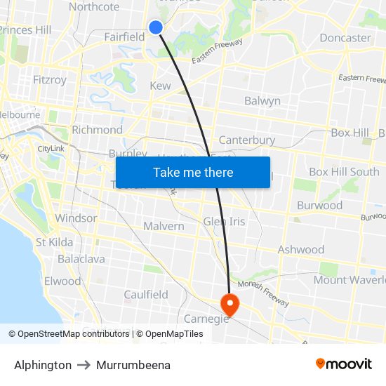 Alphington to Murrumbeena map