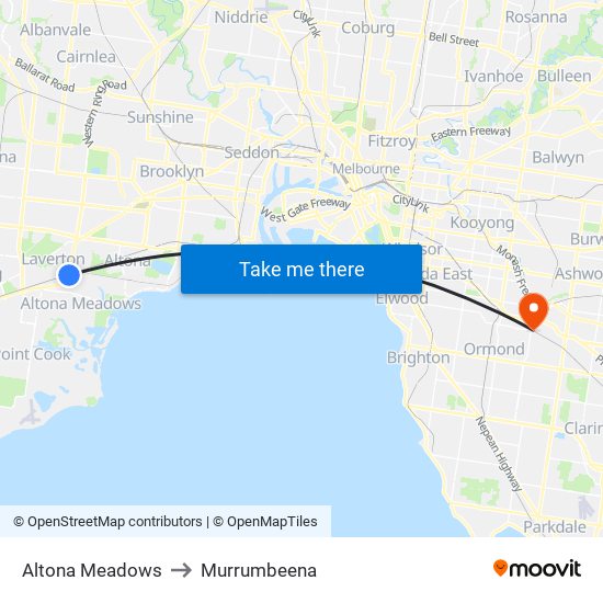 Altona Meadows to Murrumbeena map