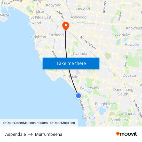 Aspendale to Murrumbeena map