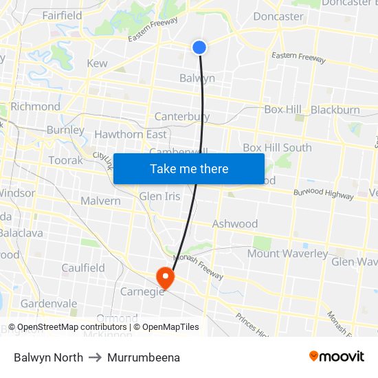 Balwyn North to Murrumbeena map