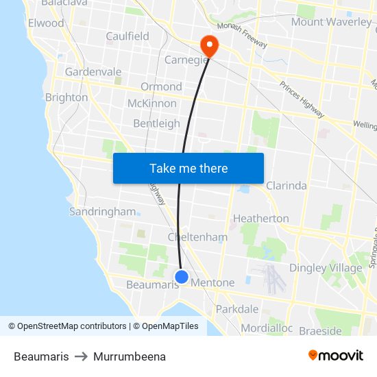 Beaumaris to Murrumbeena map