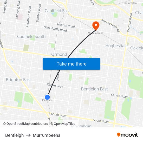 Bentleigh to Murrumbeena map