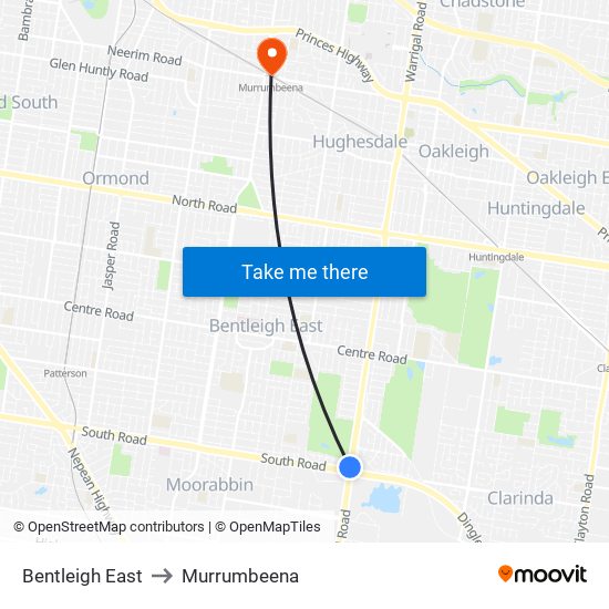 Bentleigh East to Murrumbeena map