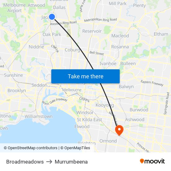 Broadmeadows to Murrumbeena map