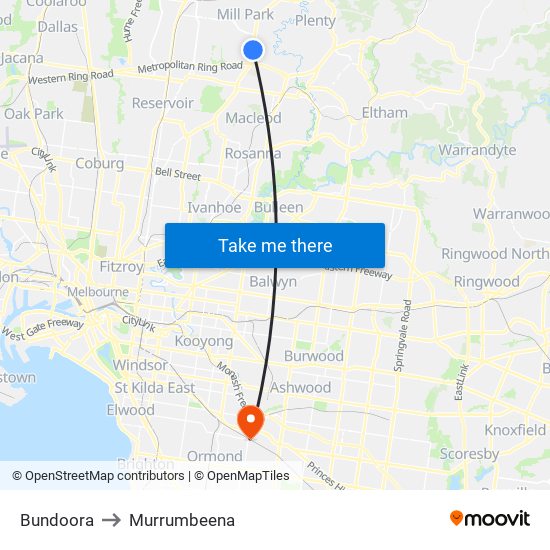 Bundoora to Murrumbeena map