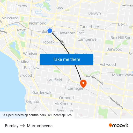 Burnley to Murrumbeena map