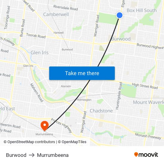 Burwood to Murrumbeena map