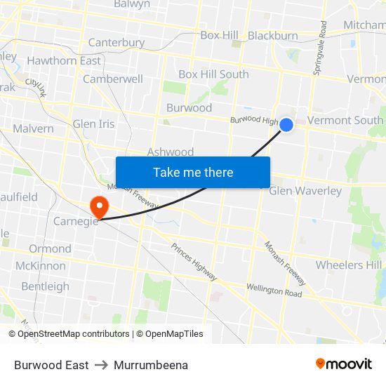 Burwood East to Murrumbeena map