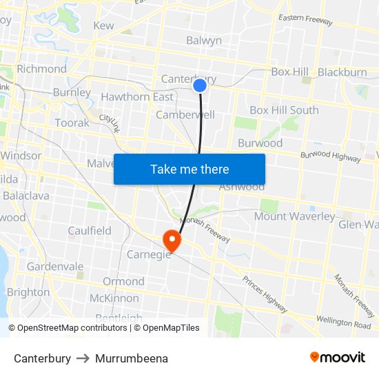 Canterbury to Murrumbeena map