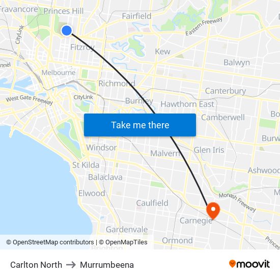 Carlton North to Murrumbeena map