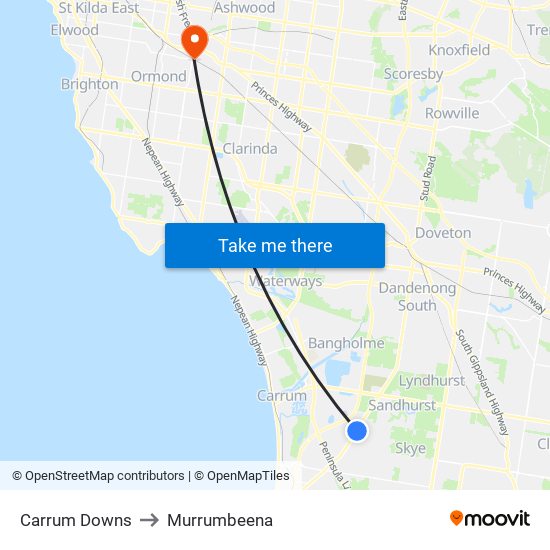 Carrum Downs to Murrumbeena map