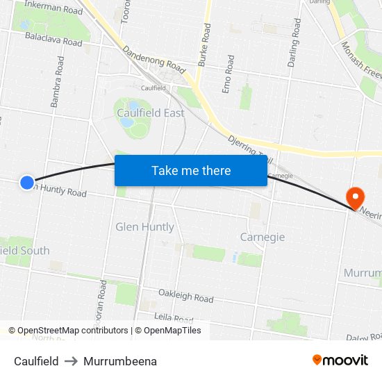 Caulfield to Murrumbeena map