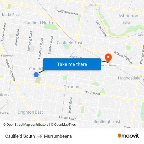 Caulfield South to Murrumbeena map