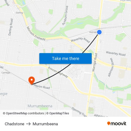 Chadstone to Murrumbeena map