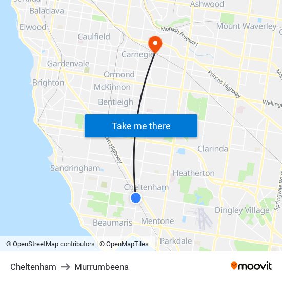 Cheltenham to Murrumbeena map