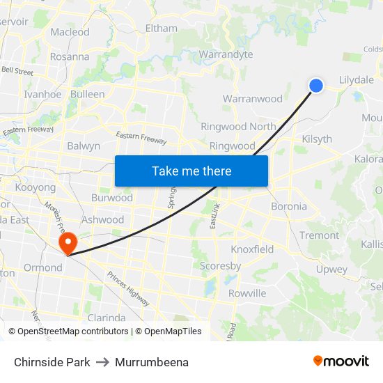 Chirnside Park to Murrumbeena map