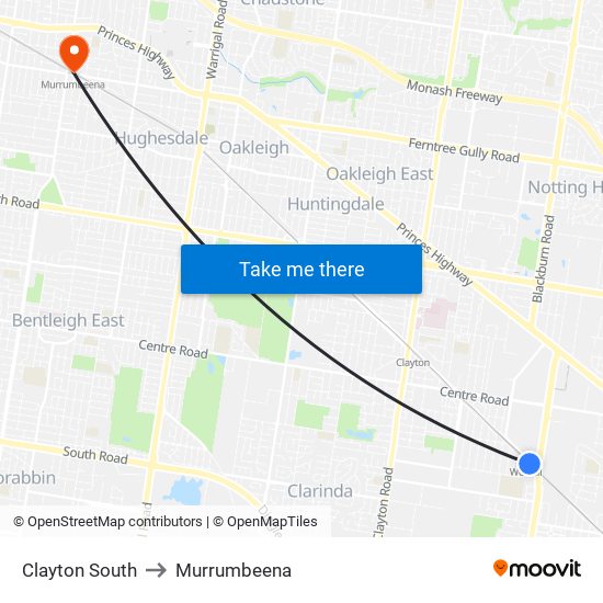 Clayton South to Murrumbeena map