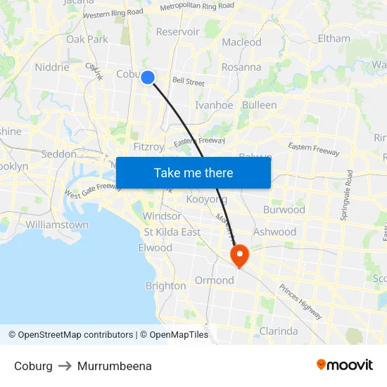 Coburg to Murrumbeena map