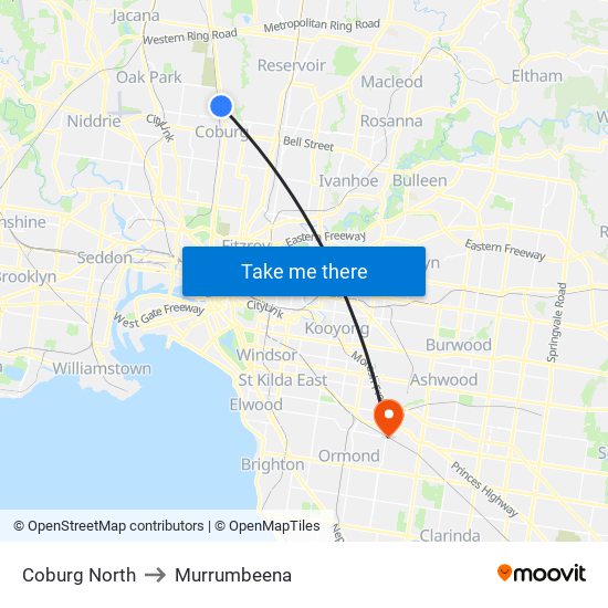 Coburg North to Murrumbeena map