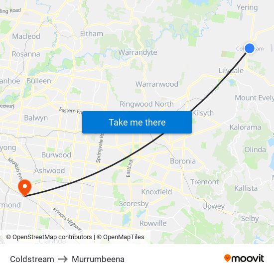 Coldstream to Murrumbeena map