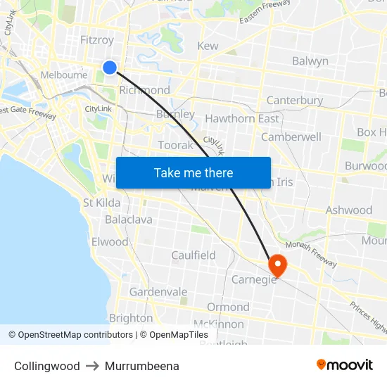 Collingwood to Murrumbeena map