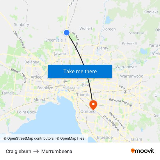 Craigieburn to Murrumbeena map