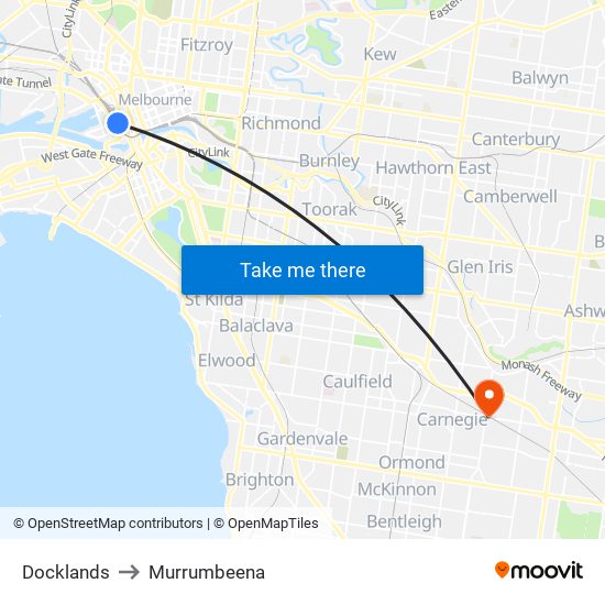 Docklands to Murrumbeena map