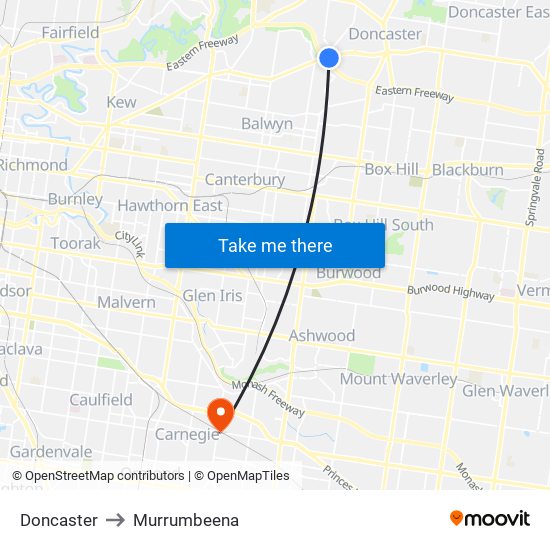 Doncaster to Murrumbeena map