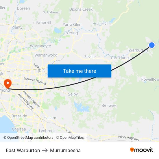 East Warburton to Murrumbeena map