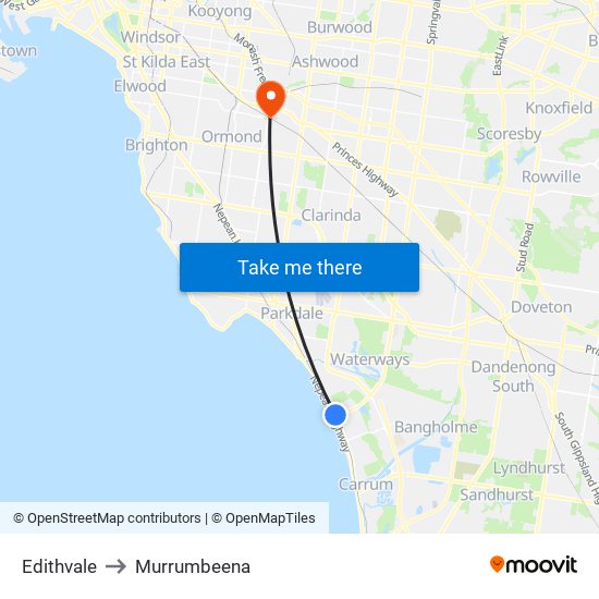 Edithvale to Murrumbeena map