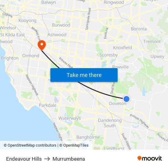 Endeavour Hills to Murrumbeena map