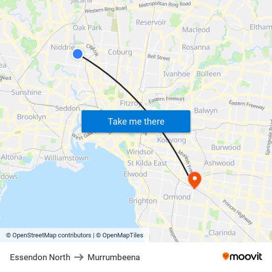 Essendon North to Murrumbeena map