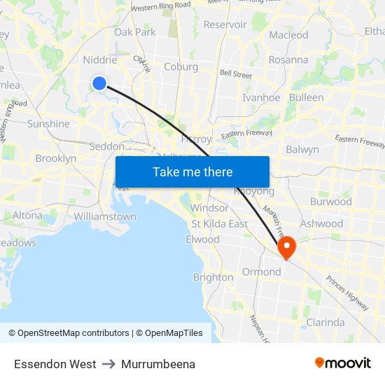 Essendon West to Murrumbeena map