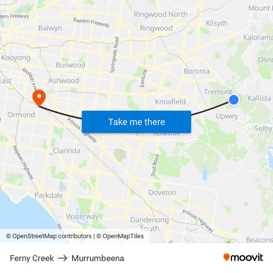 Ferny Creek to Murrumbeena map