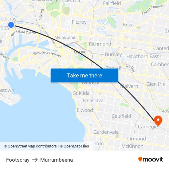 Footscray to Murrumbeena map