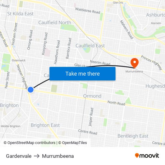 Gardenvale to Murrumbeena map