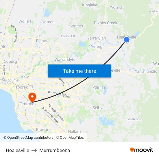 Healesville to Murrumbeena map